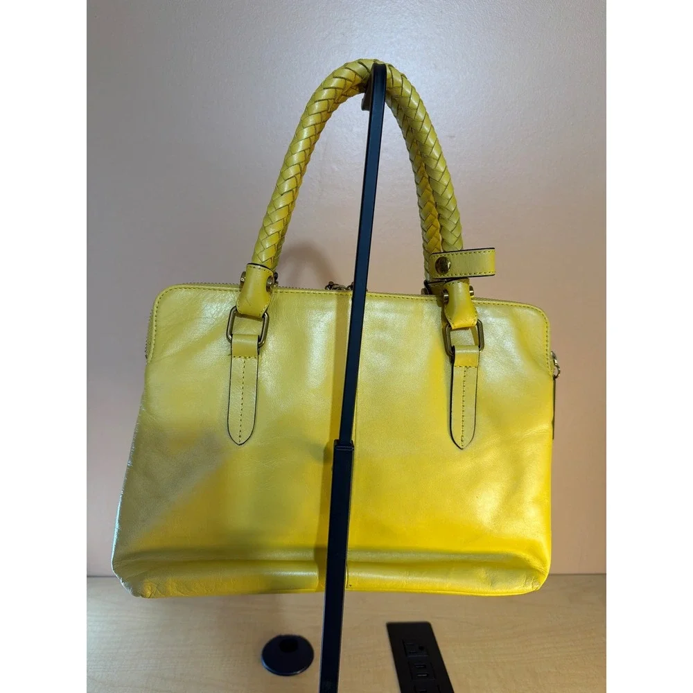 Elliott‎ Lucca Yellow Leather Satchel Bag Braided Handles Triple Compartment